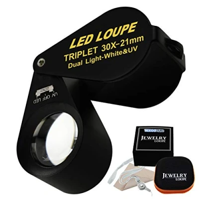 Immagine di 30x Gioielli lente D&#039;ingrandimento,con Luce U V e 6 LED, Tripletta da 21mm,lente d&#039;ingrandimento lettura pieghevole, portatile,Di Design Esagonale In Metallo