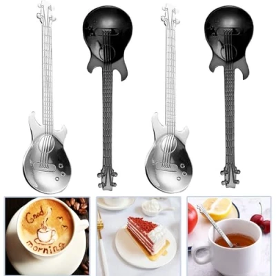 Immagine di 4 Pezzi Cucchiaini da caffè per Chitarra, Manico Lungo Cucchiaio dell&#039;Acciaio Inossidabile, Demitasse Musicale Utensile Cucina Carino tè Dessert Drink di Stoviglie Milkshake