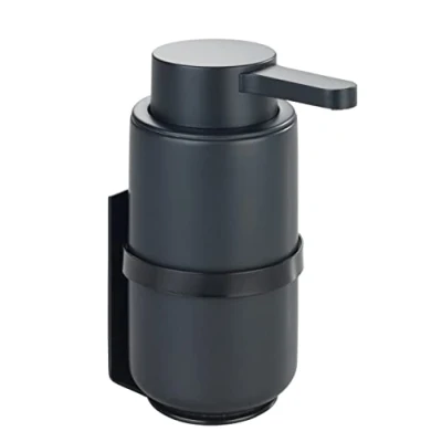 Immagine di WENKO Dosatore di sapone da parete Woya, dispenser a pompa in ceramica, max. 250 ml liquido, detersivo per piatti o disinfettante, fissaggio Turbo Loc® senza perforare, Ø 6,8 x 13 cm, nero