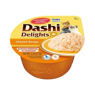 Immagine di INABA Dashi Delights, Delicati Fiocchi in Brodo di Pollo Cibo Umido per Gatti con Snack Ricco Proteine, Ingredienti Naturali Pasto Complementare 1 x 70gr