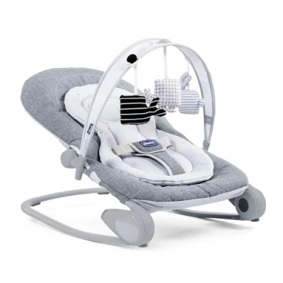 Immagine di Chicco Hooplà Sdraietta Neonati e Bambini da 0 Mesi a 18 kg, Funzioni Dondolo Poltroncina, con Barra Gioco, Schienale Regolabile Cuscino Riduttore, Chiusura Compatta, Grigio chiaro