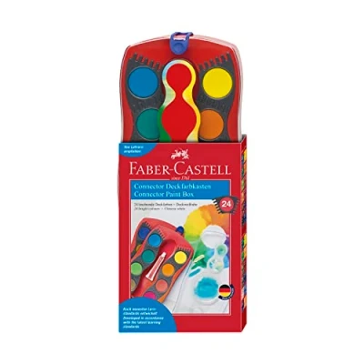 Immagine di Faber Castell 125031 Scatola di vernice CONNECTOR con 24 colori, incluso bianco opaco, scomparto per pennello e campo il nome, rosso, 1 pz.