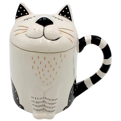 Immagine di Dekohelden24 Tazza da caffè a forma di gatto con coperchio in ceramica, colore bianco e nero oro, dimensioni: altezza ca. 14 x 9 cm, capacità 400 ml