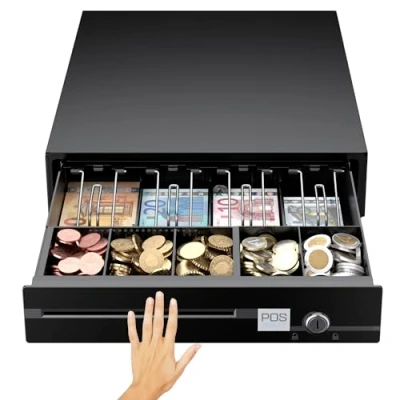Immagine di POS VALLEY Cassetto Portasoldi in Ferro Salvadanaio con Chiave Nero 5 Vassoi Monete Regolabili, 4 Sezioni Banconote, Slot per Assegni, Apertura a Pressione del Pannello Frontale 33 x 37
