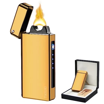 Immagine di TIKIUKI Accendino Elettrico Ricaricabile Al Plasma Candele Accendini Antivento a Fiamma Grande Con Indicatore Di Batteria Per Il Campeggio All&#039;aperto (Oro)