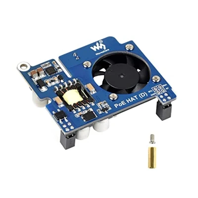 Immagine di Power over Ethernet (PoE) HAT per Raspberry Pi 4B/3B+, Conforme a IEEE 802.3af, Uscita DC 5V 2.5A, Ventola di Raffreddamento Integrata, Compatibile con Custodia Ufficiale 4B/3B+