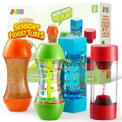 Immagine di JOYIN Tubi Fidget 4 Pezzi, Giocattoli Sensoriali per Decompressione Intellettuale, Gocce Colorate e Forma Confortevole, Risorse di Apprendimento Emotivo Bambini Concentrarsi Calmare 3+