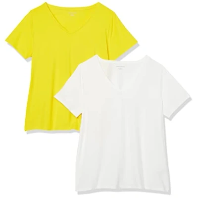 Immagine di Amazon Essentials T Shirt a Maniche Corte con Scollo V, Taglie Forti Donna, Pacco da 2, Bianco/Giallo Limone, 6XL Plus