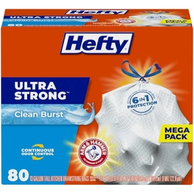 Immagine di Hefty Sacchetti per rifiuti ultra resistenti (Clean Burst, Tall Kitchen Drawstring, 30,5 l, 80 conteggi)