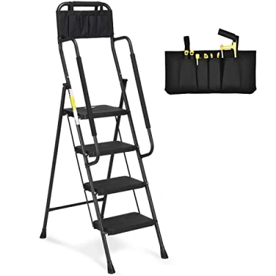 Immagine di HBTower scala a 4 gradini, gradini con corrimano, sgabello pieghevole borsa porta attrezzi e ampio pedale antiscivolo, portatile leggero da 150 kg, nero