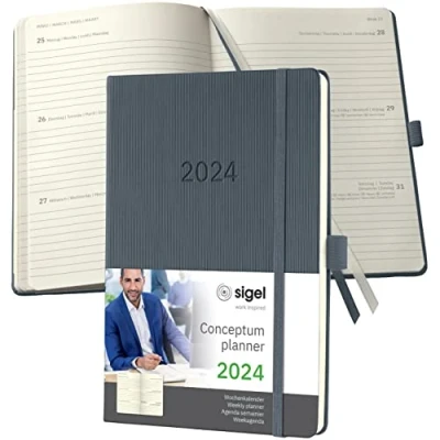 Immagine di SIGEL C2466 Conceptum Agenda settimanale 2024, circa A5, grigio scuro, copertina rigida, 2 pagine = 1 settimana, 192