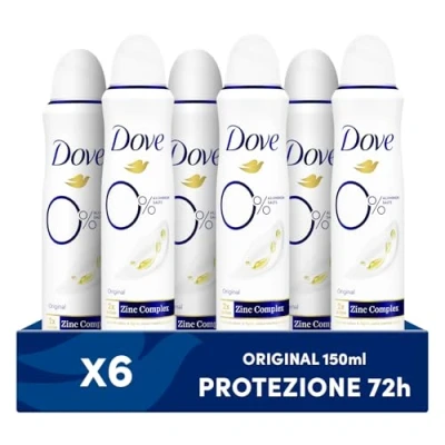 Immagine di Dove Deodorante Spray 0% Original, Senza Alcol e Sali di Alluminio, con Formula Idratante Delicata, Pelle Asciutta Fino a 48 Ore, Uomo Donna, 6 Pezzi da 150ml