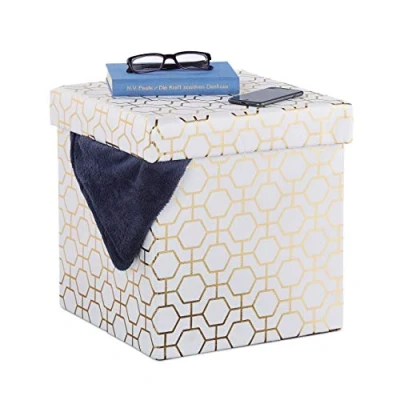 Immagine di Relaxdays Pouf Pieghevole, Sgabello Imbottito con Coperchio, Motivi Geometrici, Spazioso, HLP: 38x38x38 cm, Bianco Oro