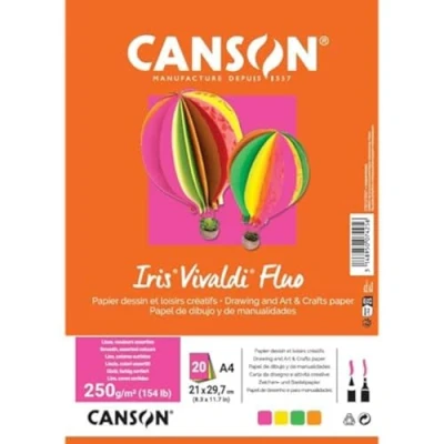 Immagine di CANSON Iris Vivaldi, Carta da disegno a colori, tinta unita, 240 g, foglio, A4 21 x 29,7, 4 colori fluo, assortiti, 20 fogli