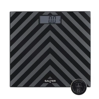 Immagine di Salter SA00287 BAFEU16 Bilancia elettronica, da bagno, finitura bicolore a zigzag, max 180 kg, vetro temperato, display LCD di facile lettura, pesatura istantanea salendo sulla piattaforma, nero
