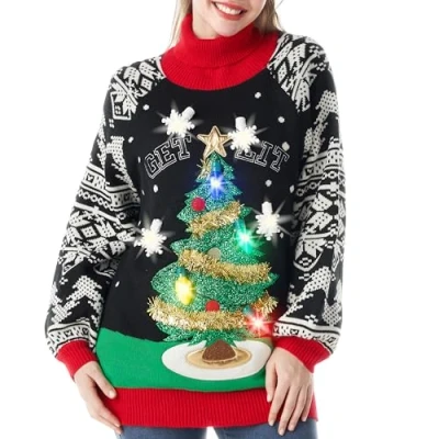 Immagine di JOYIN Donna Splendente Maglione Brutto Abito Lungo con Divertente Albero di Natale 3D e lampadine novità, Maglia Nera Manica Lunga Xmas Modello, Nero, M