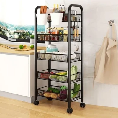 Immagine di cukoekim Cesto portaoggetti per frutta e verdura su ruote, carrello da cucina a 5 livelli con ruote 360 gradi, scaffale impilabile in rete metallica, organizer cucina, bagno, dispensa, nero