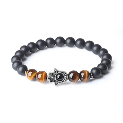 Immagine di COAI Bracciale Unisex in Perle Onice Opaca e Occhio di Tigre con Mano Hamsa, Mala Pietre Benefiche Naturali. Taglia S