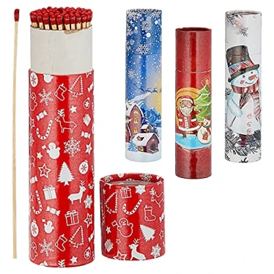 Immagine di Cepewa Set di 4 fiammiferi per camino, lunghezza 20 cm, motivi da 75 pezzi, scatola fiammiferi, design in legno, XXL (4 x natalizio)