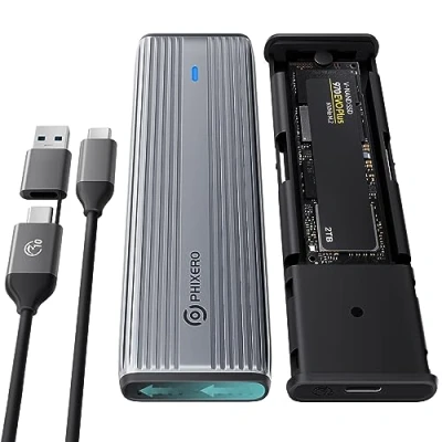 Immagine di PHIXERO M.2 NVMe SATA SSD Enclosure, 10 Gbps senza attrezzi Adattatore USB 3.2 Gen 2 in alluminio per PCIe e AHCI M Key/B&amp;M Key 2230/2242/2260/2280 (Grigio)