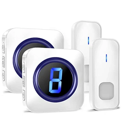 Immagine di SURFOU campanello senza fili, portata 400 m, per porta, IP55 esterni, impermeabile, kit campanello, con 2 ricevitori, 55 melodie, 5 livelli di volume, LED display numerico, bianco