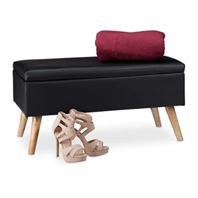 Immagine di Relaxdays Panca Contenitore, 40 l, in finta pelle, con Gambe Legno, Cassapanca Imbottita, Nero, HxLxP: x 80 39,5 cm