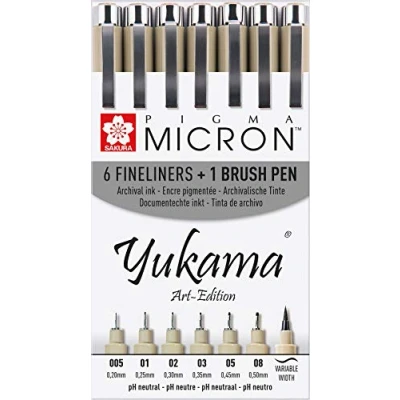 Immagine di Yukama®, penne per rifiniture Sakura Pigma Art Edition, 6 penne Micron e 1 penna a pennello Brush, di colore nero