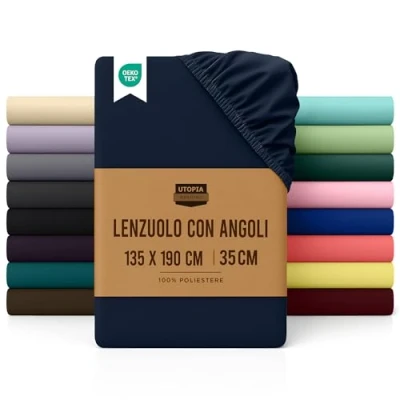 Immagine di Utopia Bedding Lenzuolo con Angoli Piazza e Mezza Francese 135x190cm Blu Navy Microfibra di Poliestere Spazzolato sotto Elasticizzato