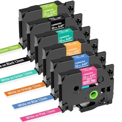 Immagine di MarkField 6x Nastro per Etichette Compatibile con Brother P Touch TZ TZe Colorato 12mm x 8m Laminato Cassetta Ptouch PT H105 H107B H101C H110 H200 H100LB 1000 1080 D200 E110