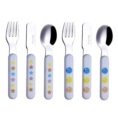 Immagine di Exzact Posate per Bambini 6 Pezzi in Acciaio Inossidabile 18/10 2 x forchette, coltelli, cucchiai da tavola Manico plastica, Utensili Senza BPA Stelle e Punti (S6)