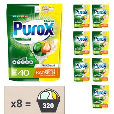 Immagine di PUROX Capsule universali per bucato (40 lavaggi x 8) a doppio scomparto vestiti bianchi e colorati, Doypack, confezione da 8