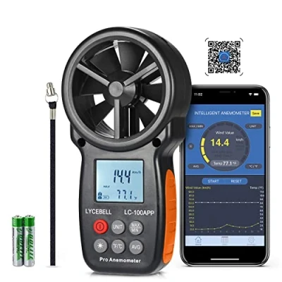 Immagine di LYCEBELL Anemometro Digitale, LC 100 APP Palmare Connessione con Bluetooth Wireless Misurare la Velocità/Temperatura del Vento, LCD Retroilluminato per Vela Drone HVAC CFM