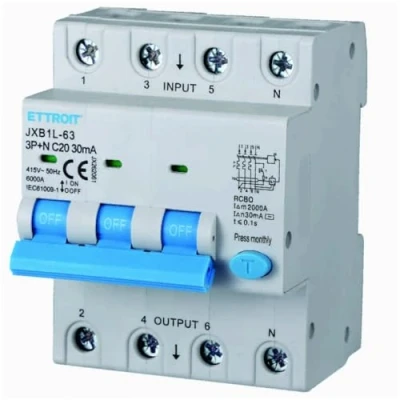 Immagine di Interruttore magnetotermico differenziale salvavita, 3P+N, occupa 4 moduli DIN, 380V 415V, 20A C20, 30mA, 6KA 6000A, RCBO