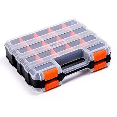 Immagine di scatola portaoggetti a doppio lato con divisorio in plastica rimovibile, per attrezzi, 34 scomparti, eccellente viti, dadi, piccole parti, nero/arancione