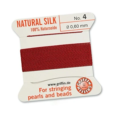 Immagine di GRIFFIN Cordino/corda/filo, 100% in seta naturale, per infilatura di perle o perline, colore rosso granato, 2 metri, con ago incluso, 13 dimensioni, Red, 0.60mm
