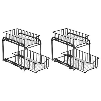 Immagine di SONGMICS Set di 2 Organizzatori da Cucina, Scaffali a Ripiani Estraibili per Armadietto, Organizzatore Impilabile Sottolavello con Cassetti Portaoggetti, Bagno, Nero Semplice KCS017B02