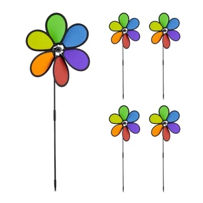 Immagine di Relaxdays Girandola a Vento, Set da 5, Forma Fiore, Giardino e Balcone, Gioco per Bambini, HLP: 66x27x7 cm, Colorata, Poliestere, Plastica