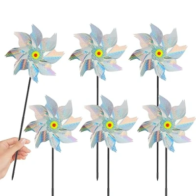 Immagine di RISVOWO 6 Pezzi Ruote a Vento per Uccelli e Uccelli, Girandola Riflettente, Mulino Frutteto, Balcone, Giardino, Cortile, Esterni (Argento)