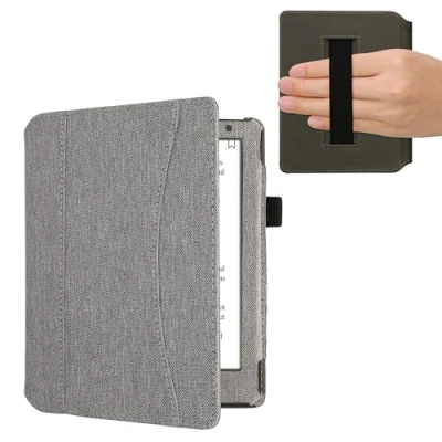 Immagine di kwmobile Flip Cover Compatibile con Kobo Aura H2O Edition 2 Full Case Anti graffio Porta Carte Fascia Prensile Tessuto Grigio Chiaro