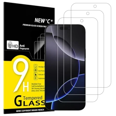 Immagine di NEW&#039;C 3 Pezzi, Vetro Temperato per iPhone 16 Pro Max (6,9 pollici), Pellicola Prottetiva Anti Graffio, Impronte, Senza Bolle, Durezza 9H, 0,33mm Ultra Trasparente, Resistente