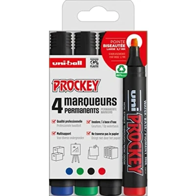 Immagine di Faber Castell 159004 Marcatori permanenti Uni Prockey, punta a cuneo 3 6 mm, astuccio da 4 pezzi, colore: Nero/Verde/Rosso/Blu