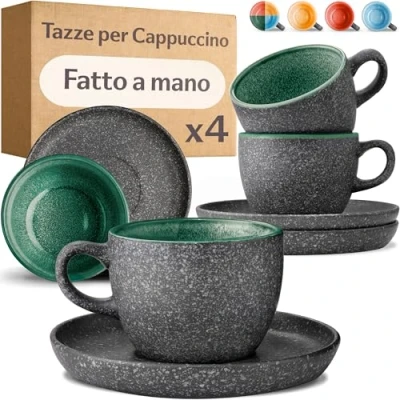 Immagine di Cosumy Set di 4 Tazze per Cappuccino in Ceramica con Piattini 200ml Gres Spesso Smalto Reattivo Artigianale Mantiene il Calore a Lungo (Verde)