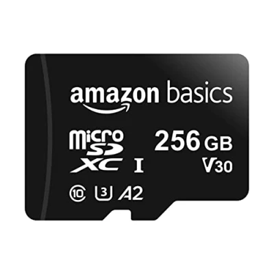 Immagine di Amazon Basics MicroSDXC, 256 GB, con Adattatore SD, A2, U3, velocità di lettura fino a 100 MB/s, Nero