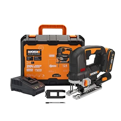 Immagine di Worx WX542, Seghetto alternativo a batteria, 20 V, motore senza spazzole, con adattatore di aspirazione, ideale anche per tagli obliqui, compatibile PowerShare, batteria e caricatore, Nero