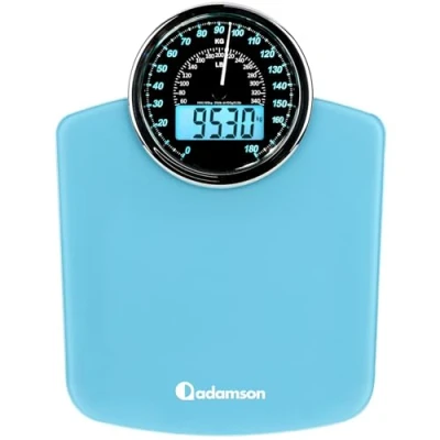 Immagine di Adamson Bilancia Pesapersone Ibrida + Digitale &amp; Analogica 2 in 1 Fino a 180 kg Ampio Display con Retroilluminazione Robusto Vetro Temperato Lettura Facile NUOVO 2024 Azzurro