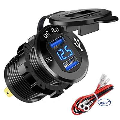 Immagine di QC3.0 Presa USB per Auto Doppio in alluminio, 12V / 24V 36W 2 Porte Caricabatteria Impermeabile LED Indicazione