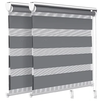 Immagine di VOUNOT Set di 2 Tenda a Rullo Doppia Strato Oscurante Giorno e Notte, Catenella Laterale, Bande Trasparenti Opache, Interno Zebra Blinds Grigio, 100 x 150 cm