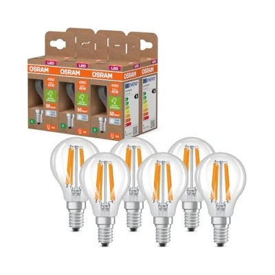 Immagine di OSRAM Energy Class nella classica forma mini sferica, 2,2 W / 470 lm, EEK A, luce bianca fredda (4000 K), CRI 80, in vetro senza piombo di colore trasparente, attacco E14, IP20, 45 mm DM, 6 pacchi