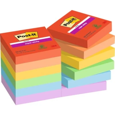 Immagine di Post it Foglietti Super Sticky, Collezione Playful, Confezione da 12 blocchetti, 90 Fogli/blocco, 47,6 mm x mm, Rosso, Arancio, Giallo, Verde, Azzurro, Viola. Per Appunti, Elenchi &amp; Promemoria