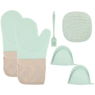 Immagine di Set da 6 Guanti Forno in Silicone Presine Cucina Resistenti al Calore, Anti Scottatura per Cucinare, Cuocere e Grigliare, Cotone Silicone, Verde Menta
